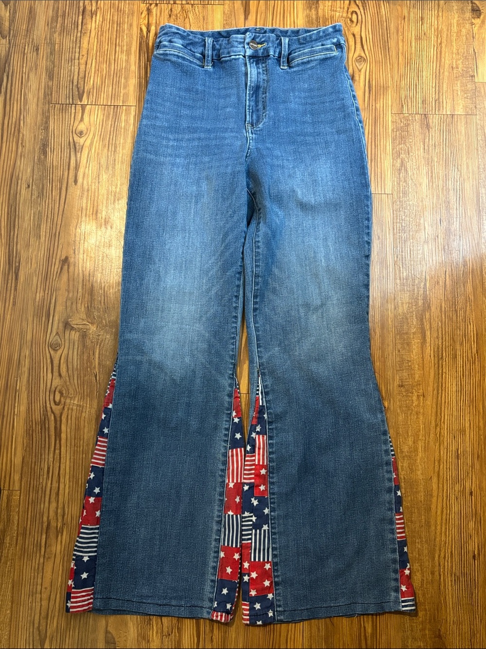 Express Blue Flared Jeans with Red & Navy Star Stripe Patchwork Insets